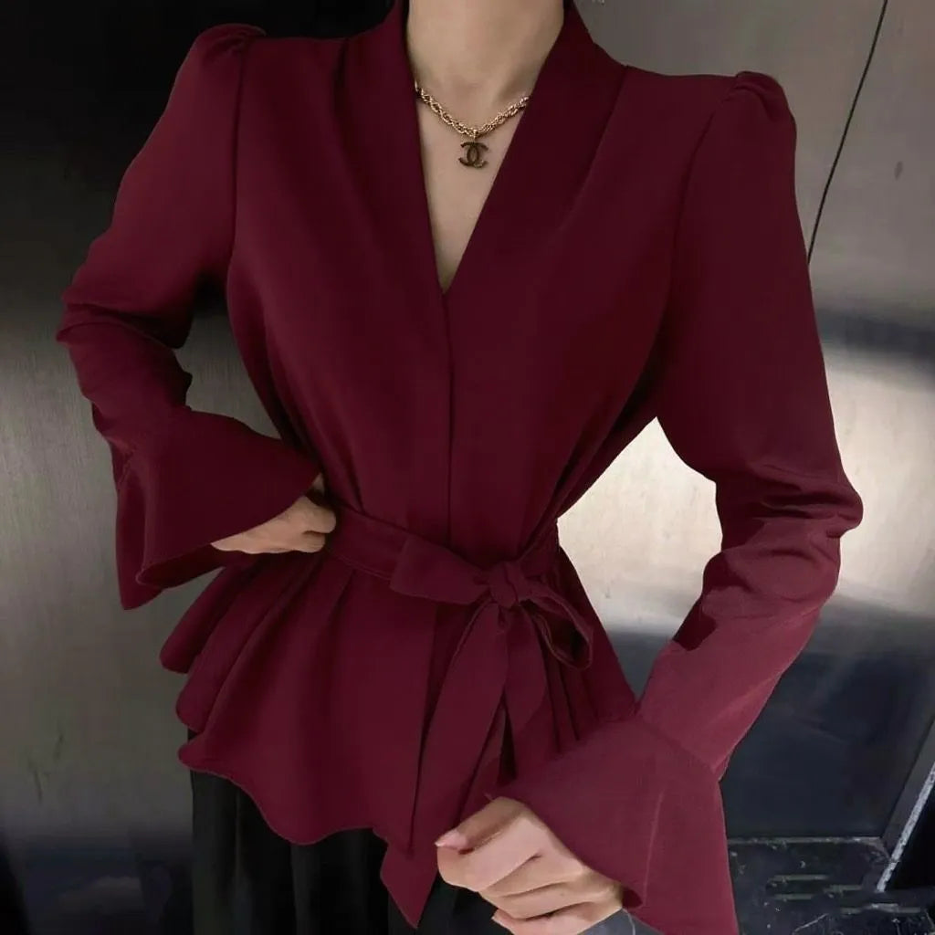 Women's French-style shirt with irregular collar and bell sleeves in wine red colour