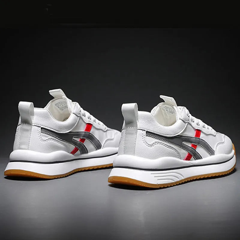 Men's white blue loafers with artificial leather upper, car stitching detail, and low heel