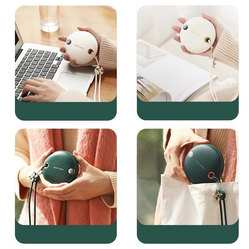 Green hand warmer power bank with digital display showing battery level, measuring 89.5mm square