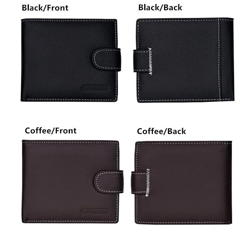 Men's genuine leather short standard wallet in black with compact dimensions, polyester lining