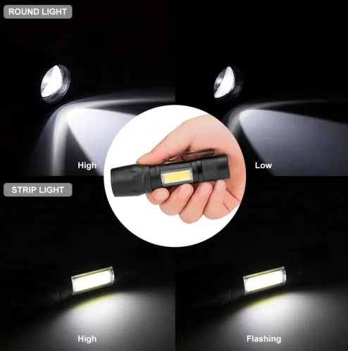 Black aluminium alloy telescopic LED flashlight with zoom adjustment and clip for carrying