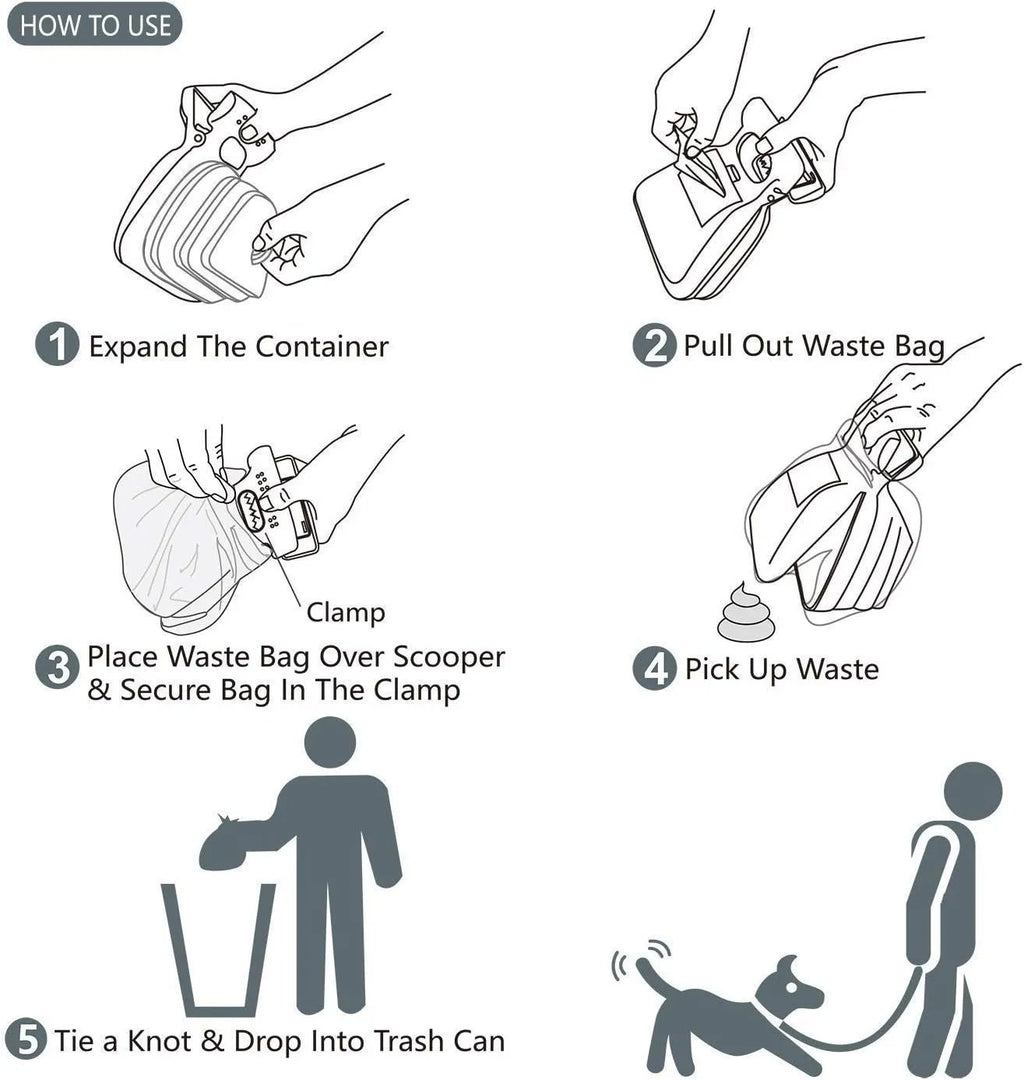 Portable blue pooper scooper with expandable waste container and integrated bag dispenser for dog walks