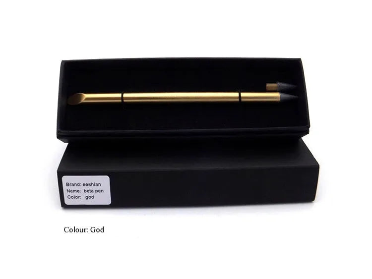 Silver inkless metal pen with alloy tip, spare nib, and presentation box on a desk.
