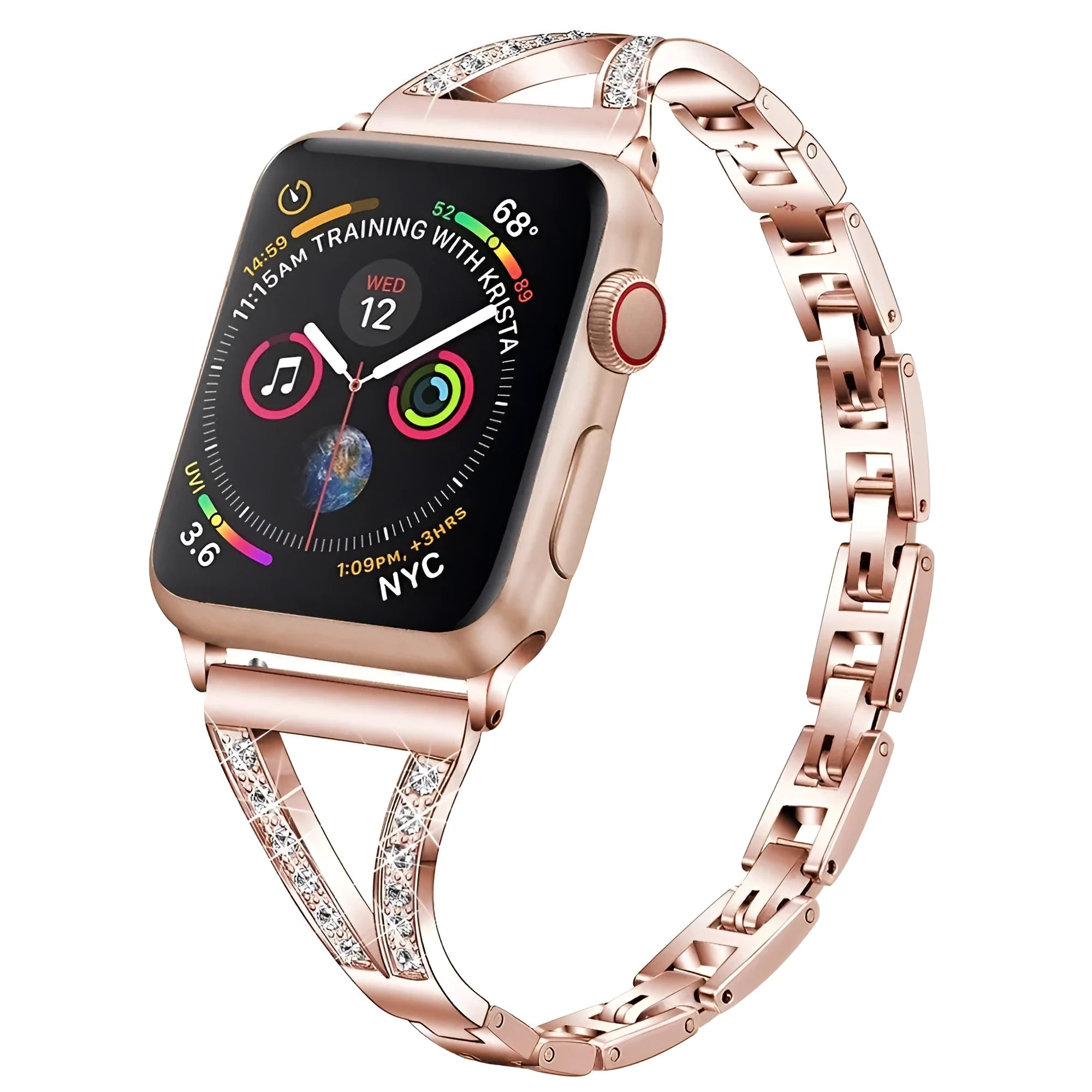 Stainless steel watch band with diamond studs in rose gold colour for a 40mm watch.