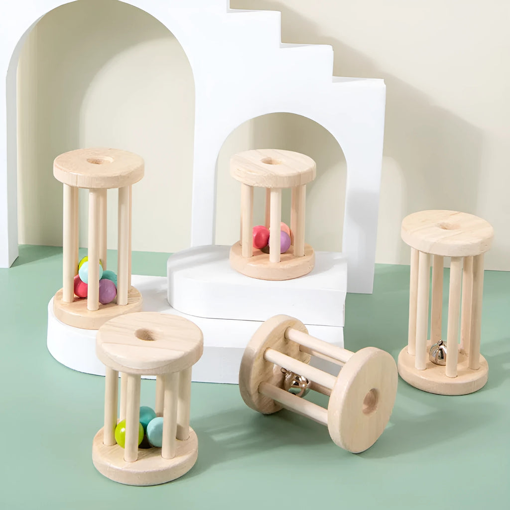 Wooden hand cranked bell educational rattle for toddlers