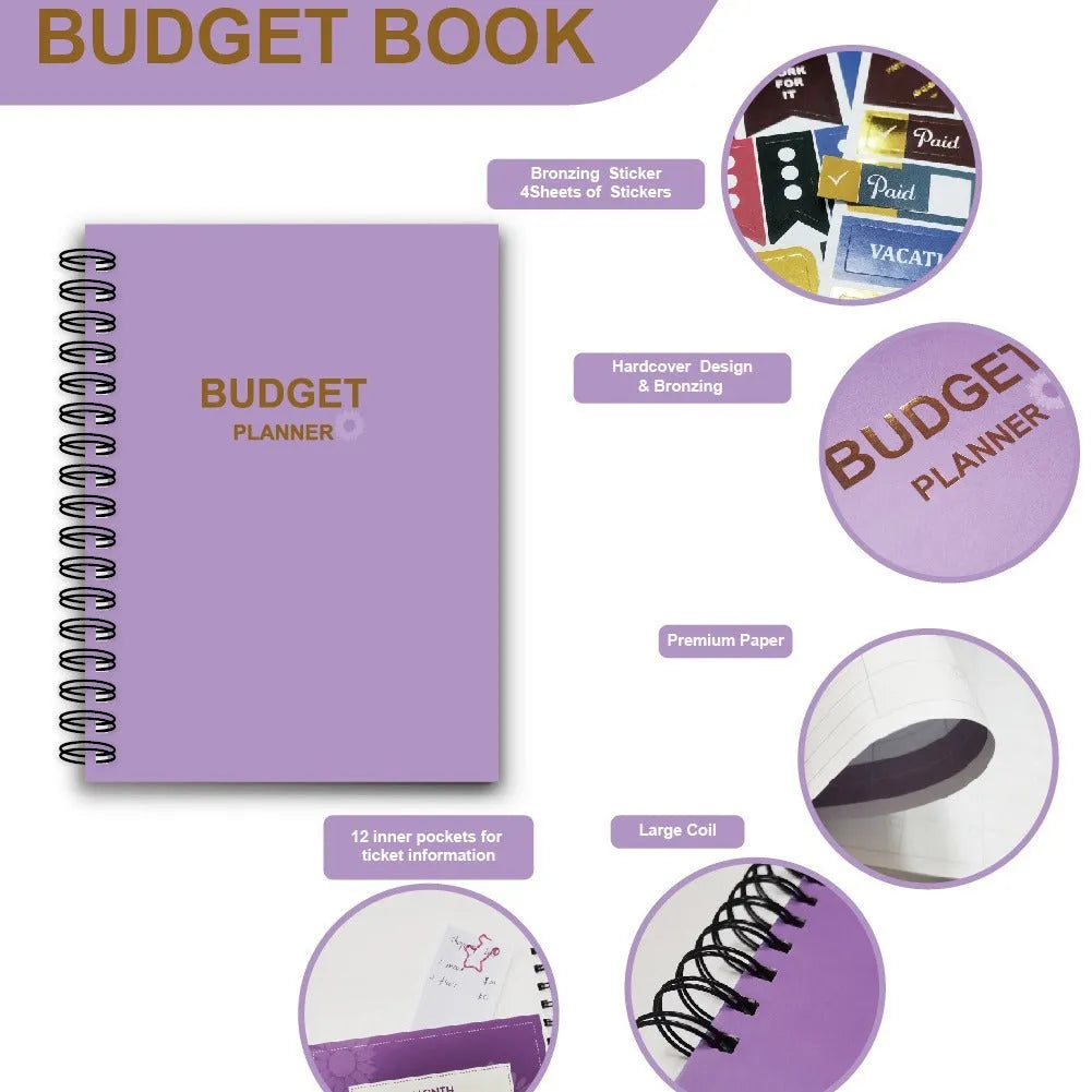Purple coil-bound financial planning notebook with budgeting stickers and pen on Daolin paper