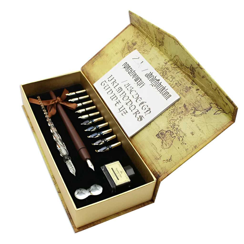 Handmade glass crystal wooden dip pen set in gift box with stainless steel nib