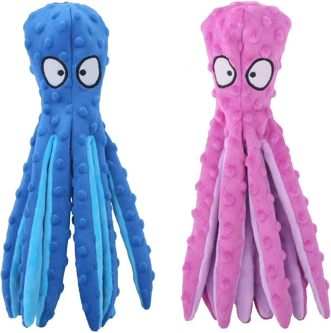 Blue octopus-shaped dog squeaky toy with no stuffing and crinkle sounds for chewing
