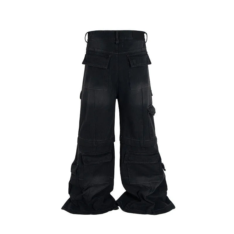 Washed-out cotton detachable overalls with multiple pockets in blue colour
