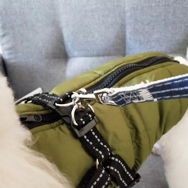 Waterproof dog coat with harness opening in red colour on large breed dog