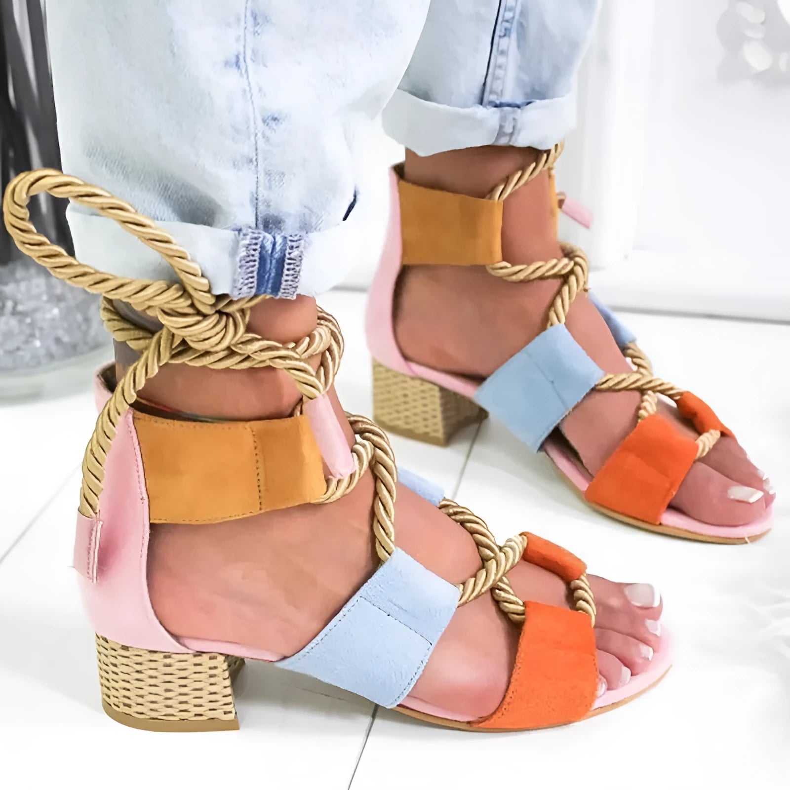 Women's thick-heel suede sandals with front strap design in multiple colours