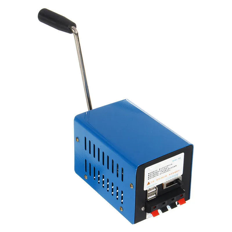 Blue metal hand crank USB emergency generator with dimensions 125x80x85mm