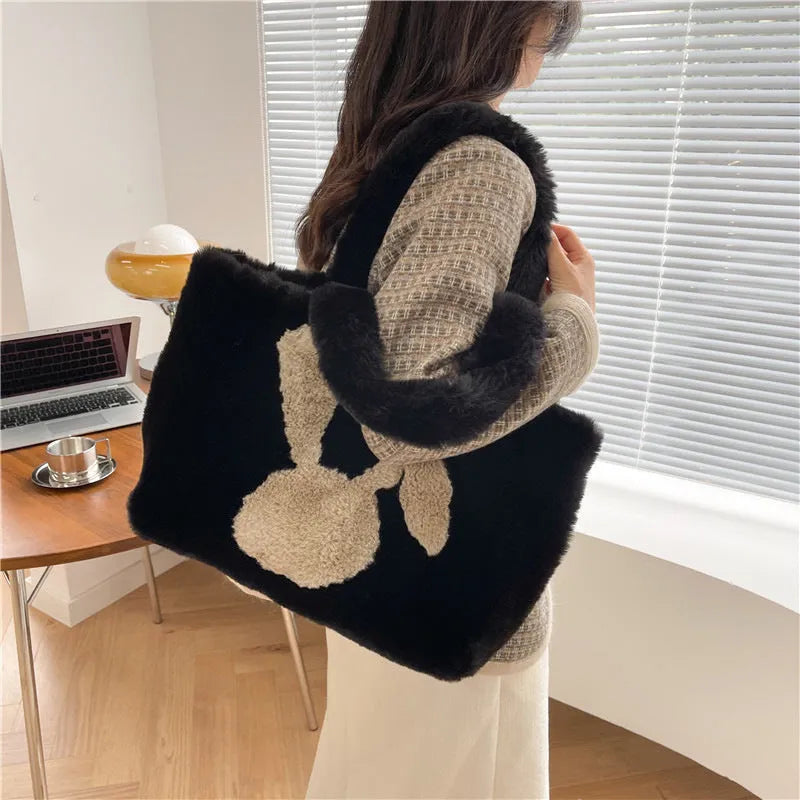 Plush cartoon rabbit ears shoulder bag in solid colour with large capacity