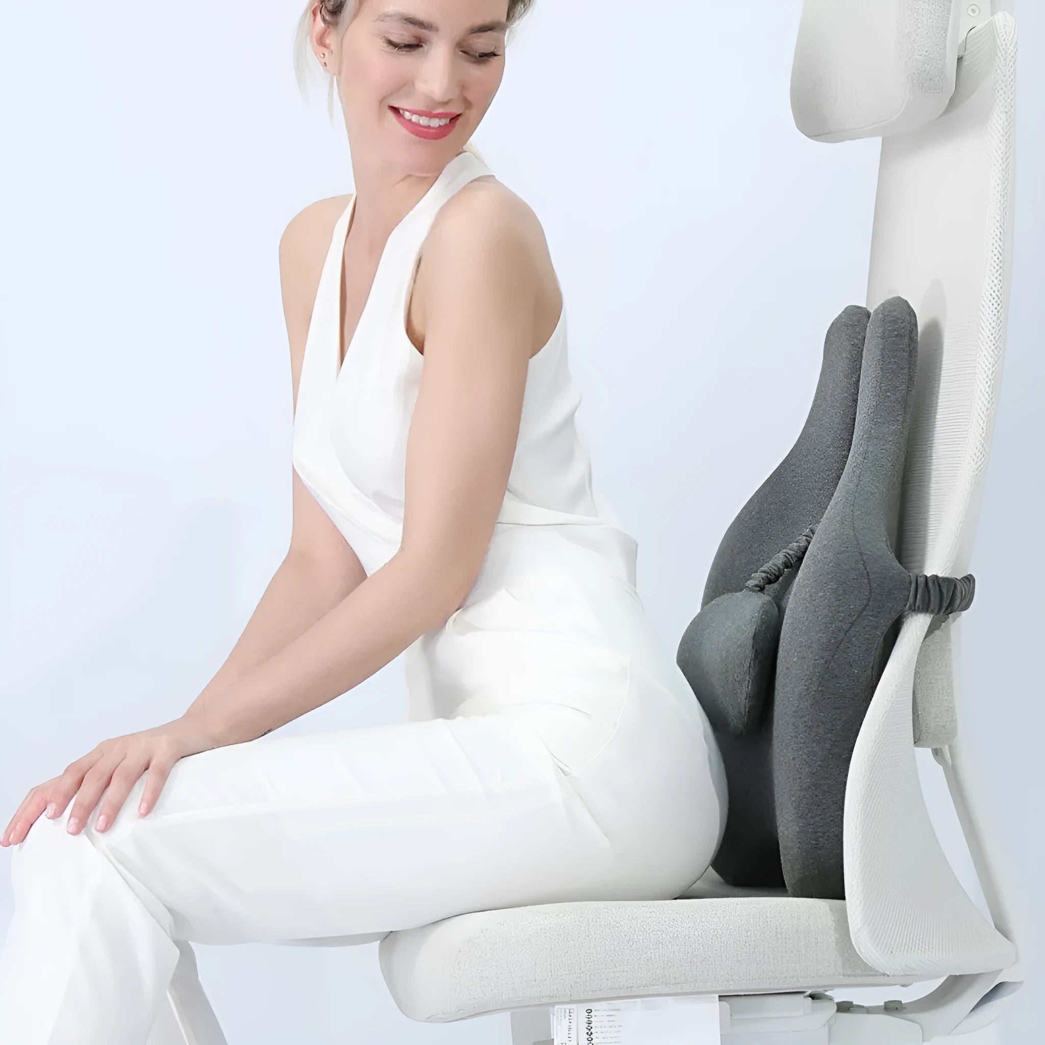 Memory foam car cushion with lumbar support in black, dark grey, light grey, or pink