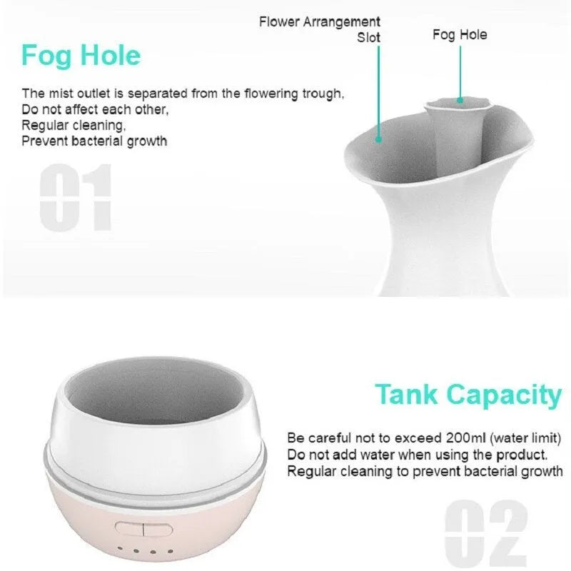 White ultrasonic flower arrangement aroma diffuser with colourful night light and 200ml water tank