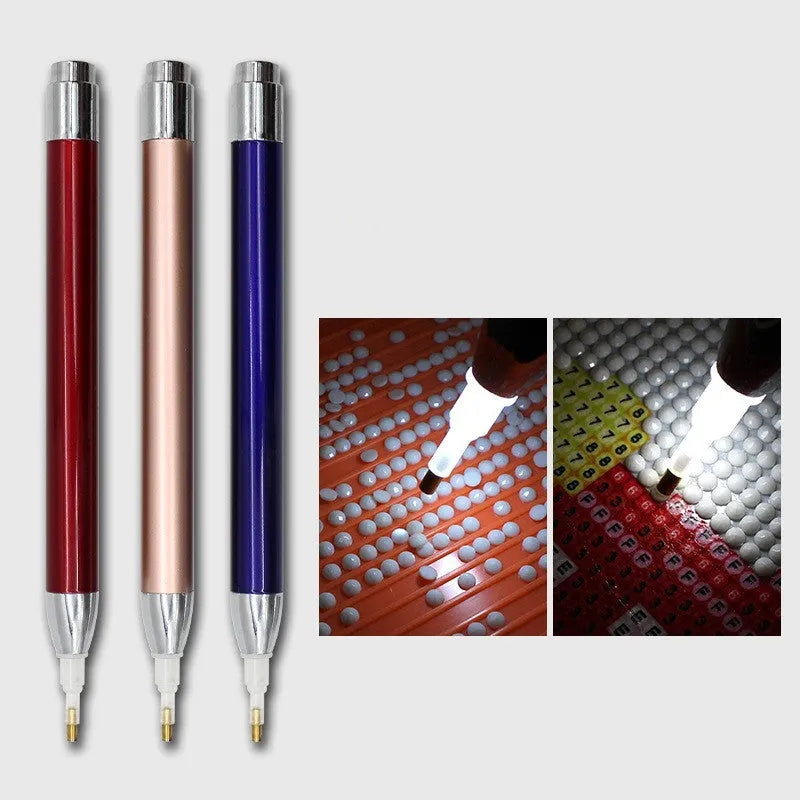 Aluminium alloy luminous drill pen for diamond painting in gold, red, or blue colour options