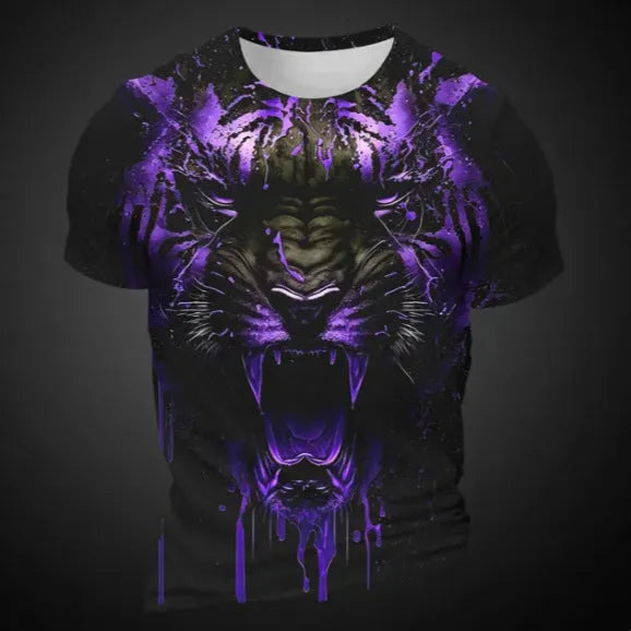 Man wearing a short sleeve T-shirt with a large 3D tiger pattern print across the chest.