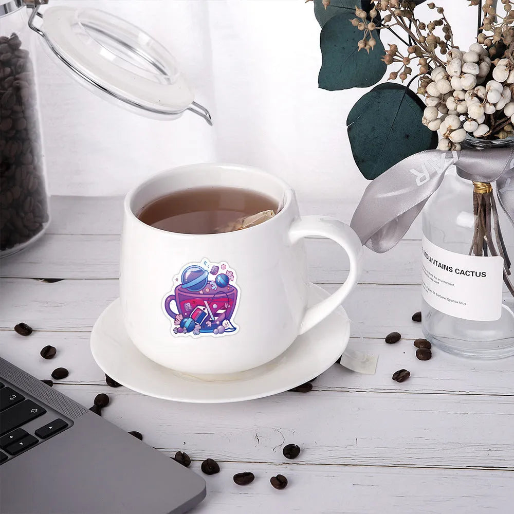 Pack of colourful tea cup graffiti design waterproof stickers for DIY projects on sports equipment.