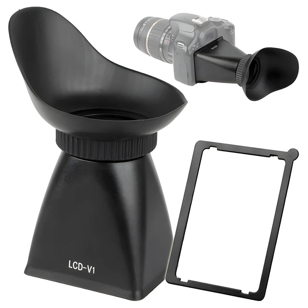 Black camera LCD viewfinder amplifier with magnification lens for DSLR and mirrorless cameras