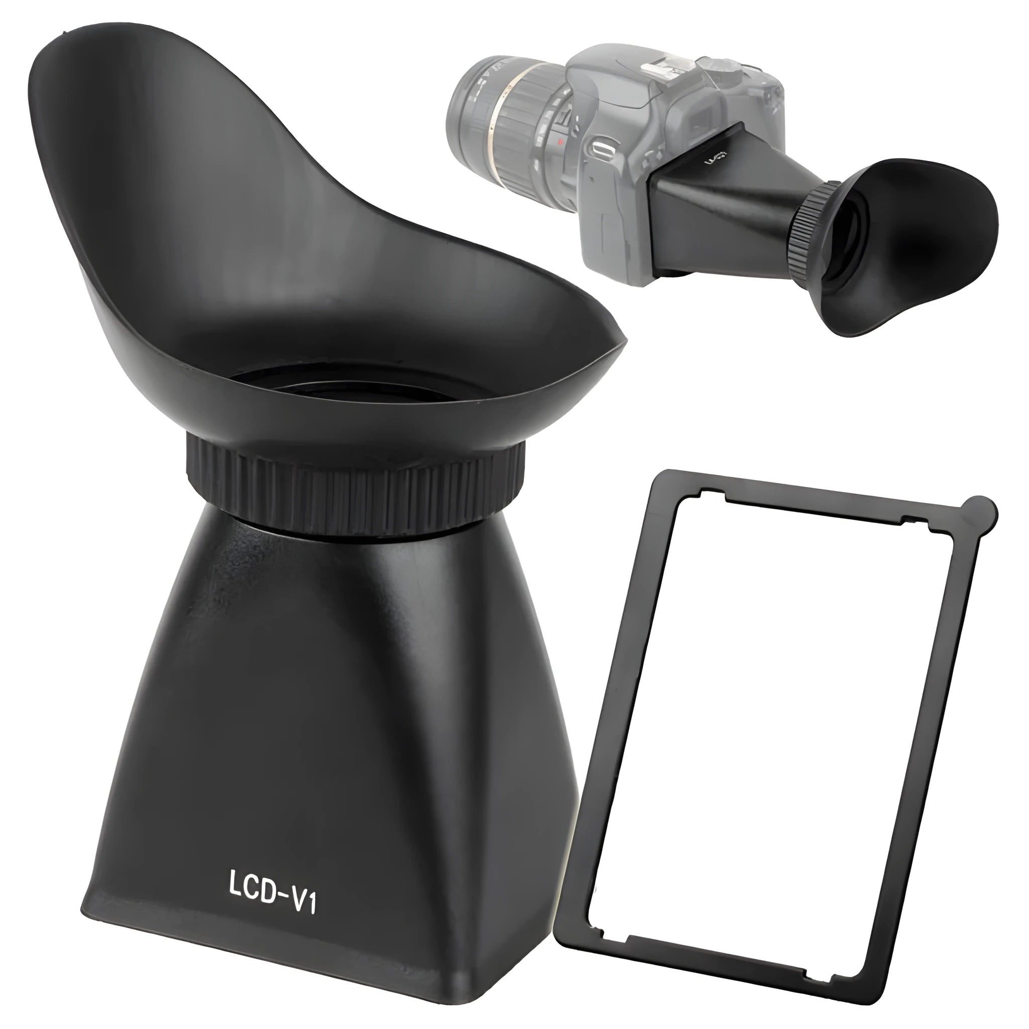 Black camera LCD viewfinder amplifier with magnification lens for DSLR and mirrorless cameras