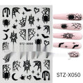 Sheet of nail art stickers with black and silver stripes and red love heart cartoon designs