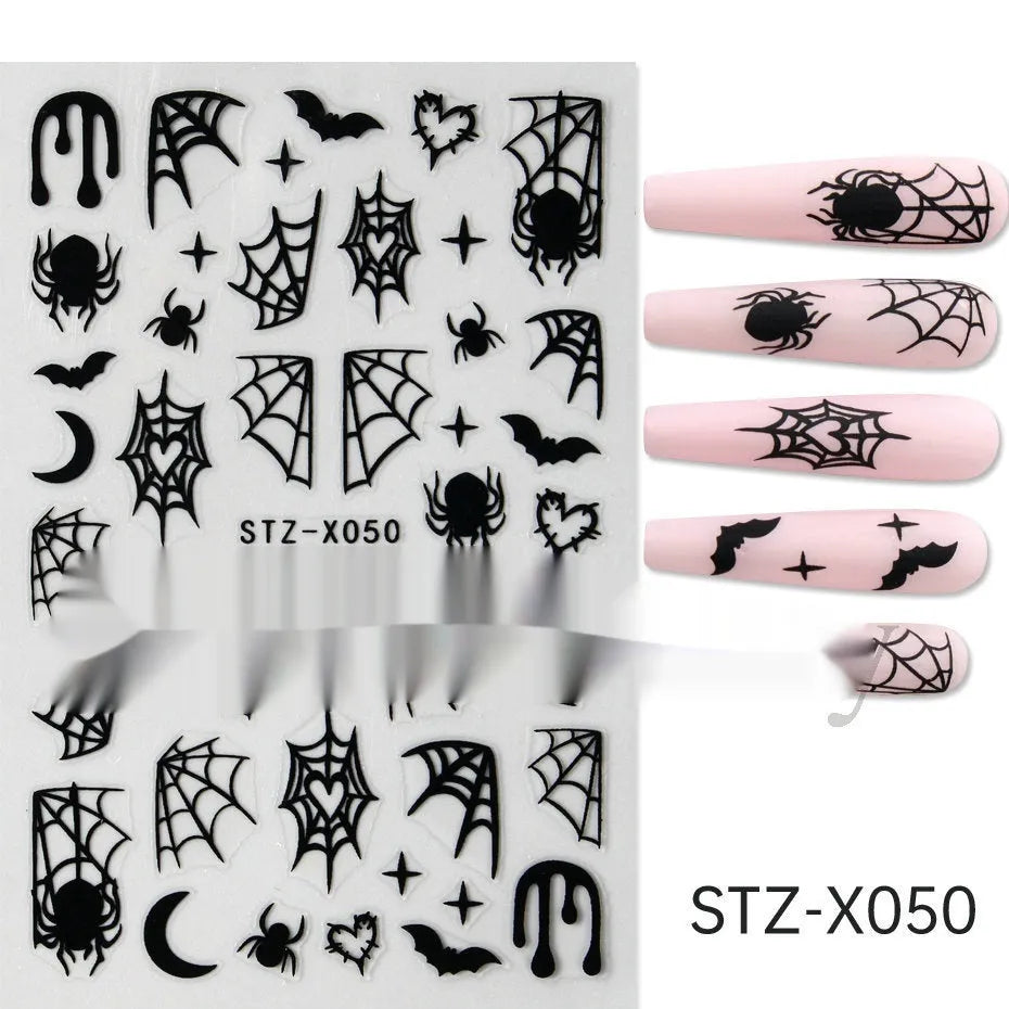 Sheet of nail art stickers with black and silver stripes and red love heart cartoon designs
