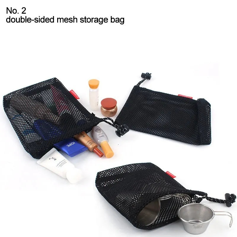 Red five-piece outdoor travel toiletry bag set with zippers and mesh panels