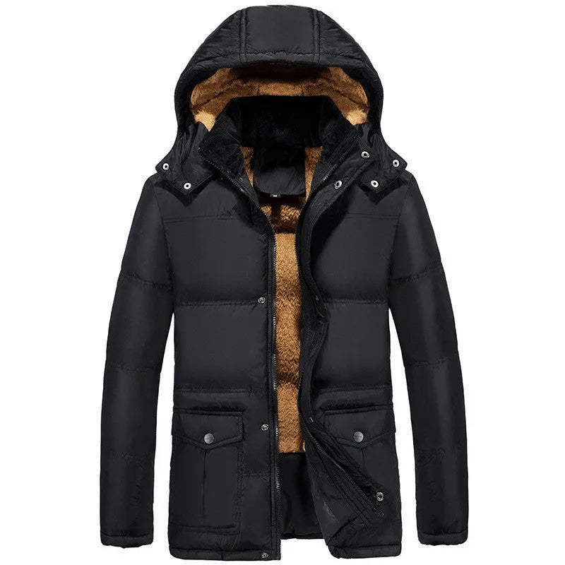 Men's black velvet-padded winter jacket with hood and double-breasted placket in loose fit