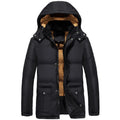Men's black velvet-padded winter jacket with hood and double-breasted placket in loose fit