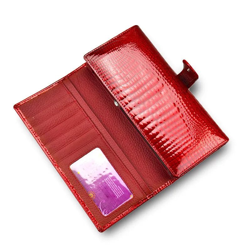 Genuine leather women's coin purse with crocodile pattern texture in wine red colour