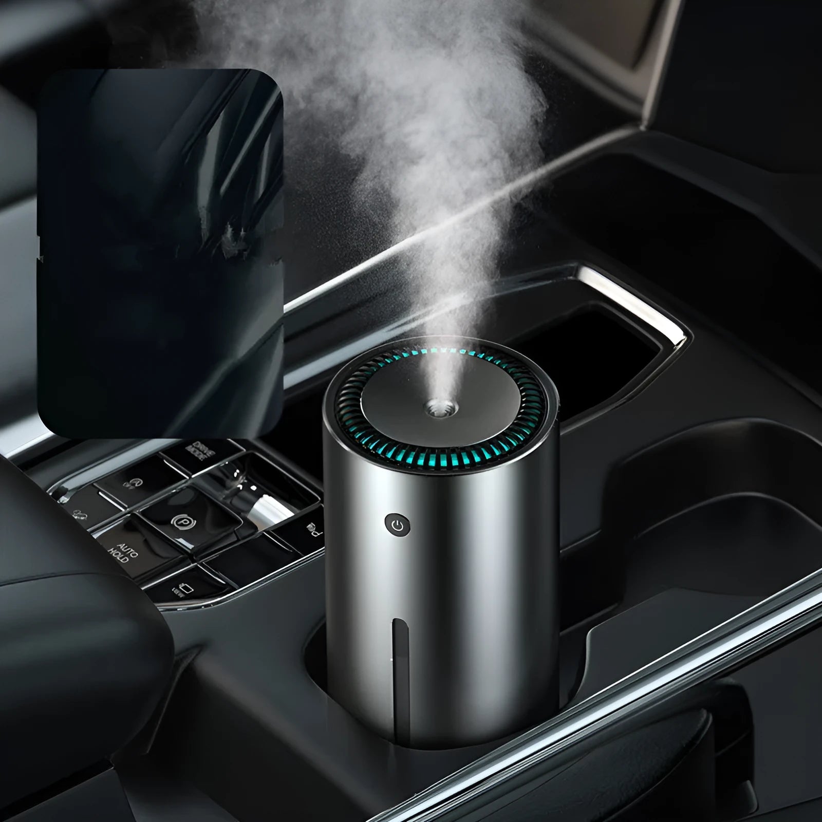 Black aluminum car diffuser humidifier with USB port for air purification and odor removal in vehicles