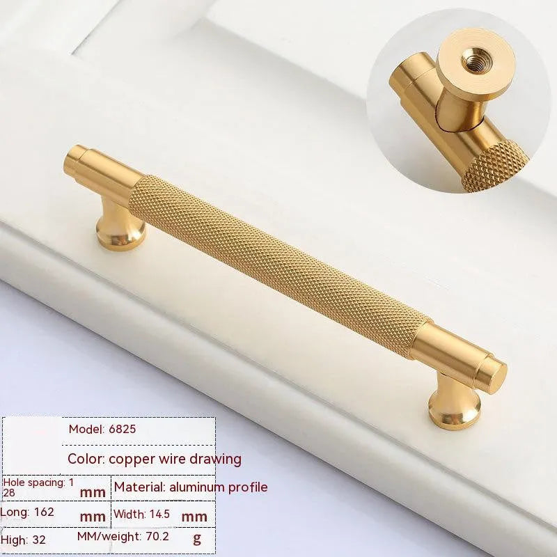 Brushed brass aluminium alloy furniture handle on a white background, showing hole spacing options.