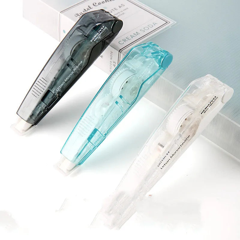 Refillable correction tape with replaceable core mechanism in black, white, blue, pink, transparent and yellow colour options