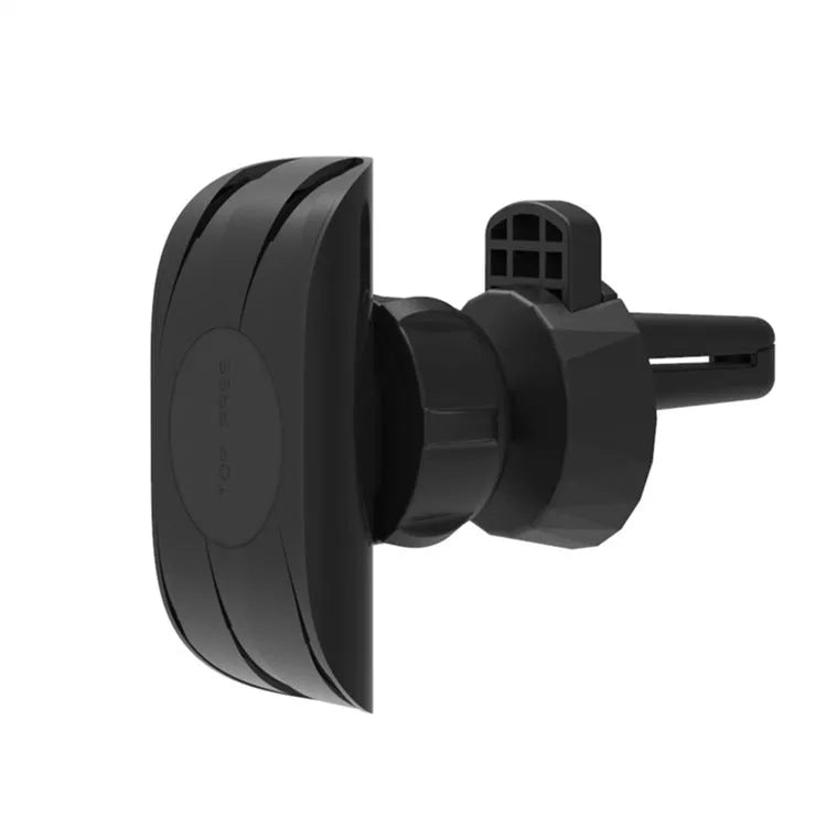 Glossy black car phone holder mounted on car air vent for smartphone securement