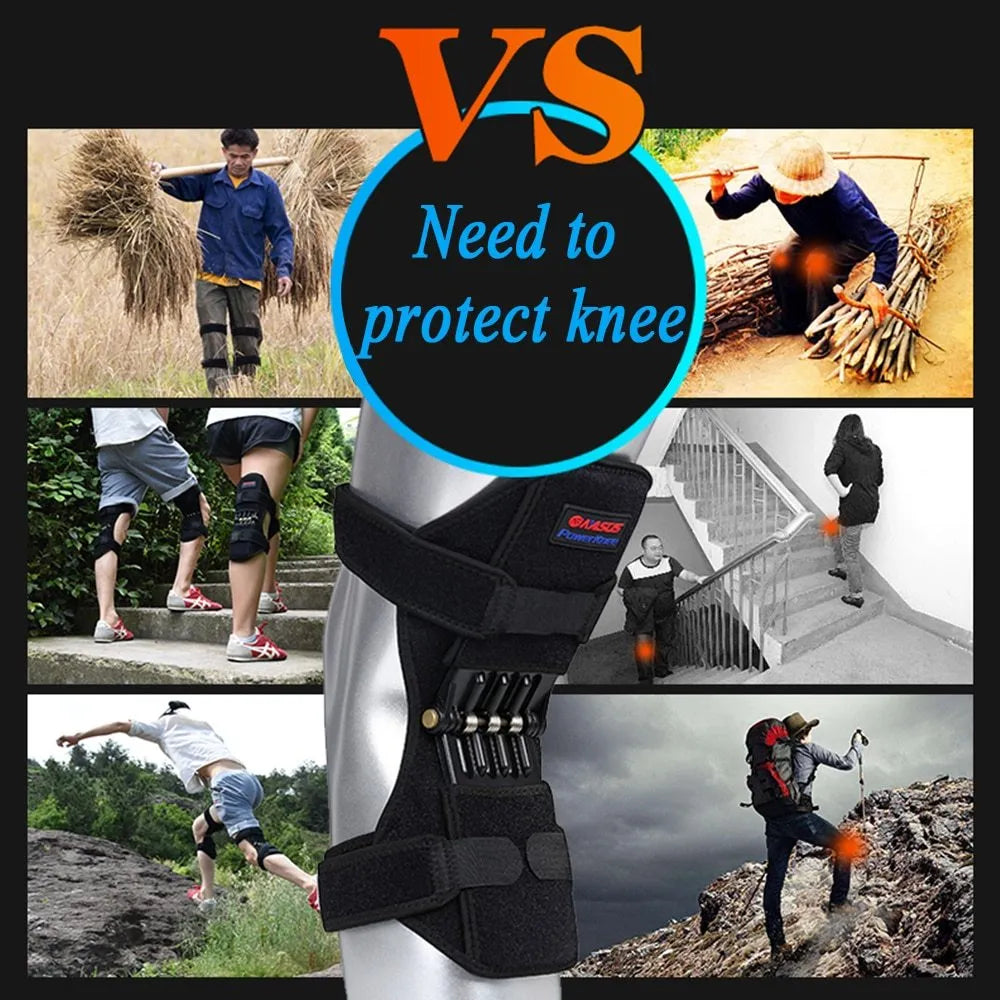 Adjustable spring knee brace for patella support in black colour with straps and venting holes
