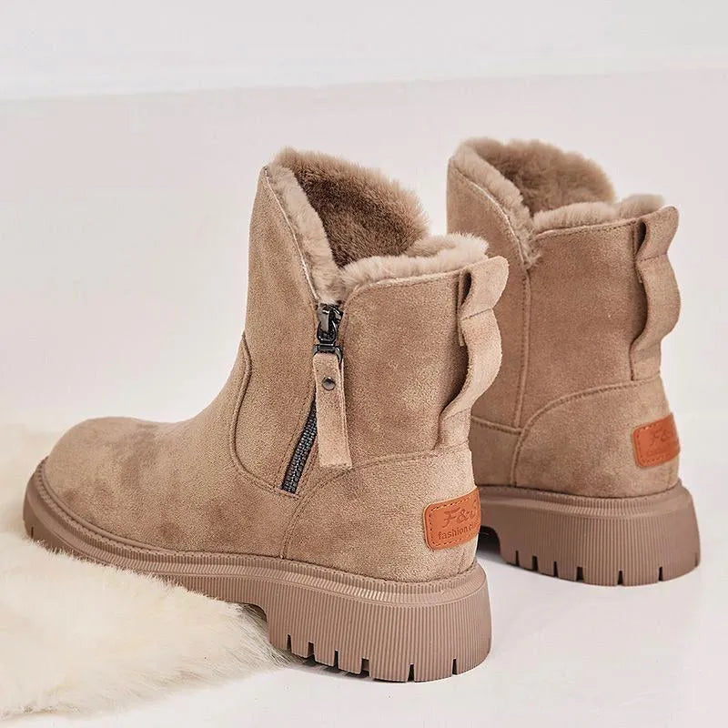 Women's thick plush snow boots with side zip, faux suede upper and non-slip rubber sole