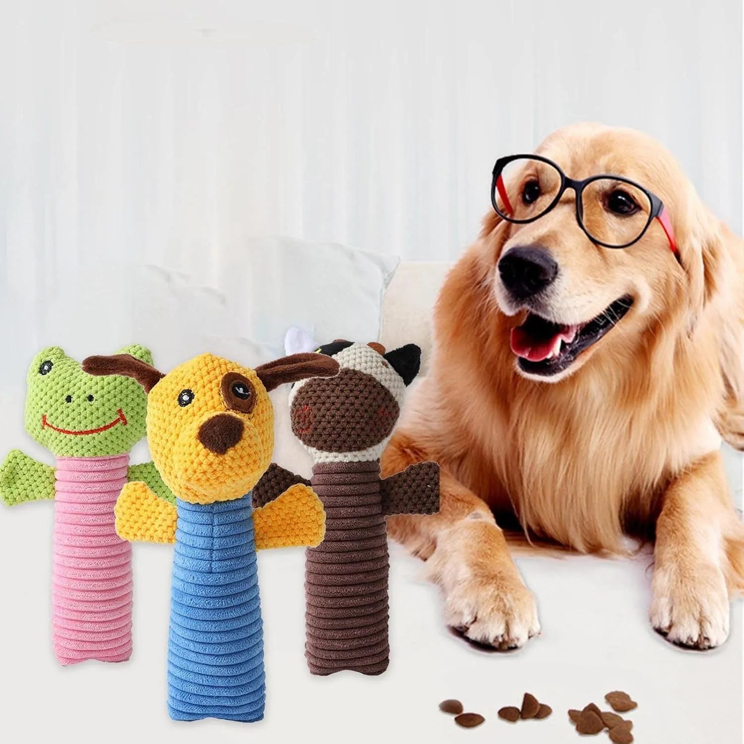 Squeaky stuffed dog chew toy in animal shape for dental cleaning and play