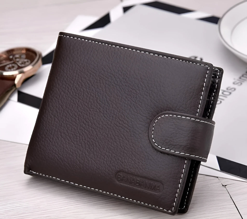 Men's genuine leather short standard wallet in black with compact dimensions, polyester lining