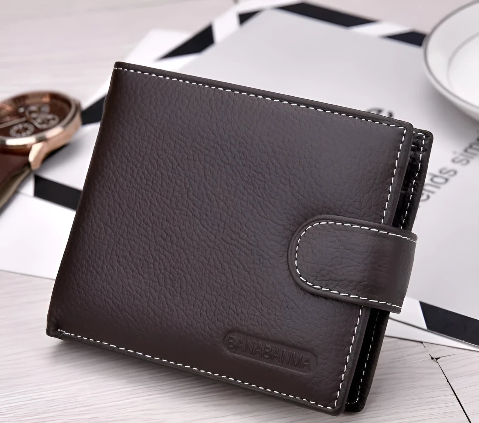 Men's genuine leather short standard wallet in black with compact dimensions, polyester lining