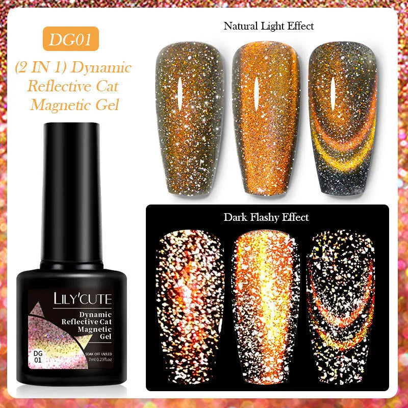 Cat eye nail polish gel bottles in six colours with diamond glitter fragments showing flickering finish