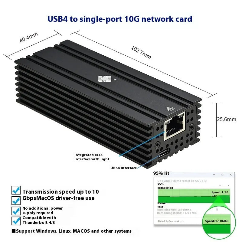 Black USB4 to 10G RJ45 ethernet network adapter with a short cable.