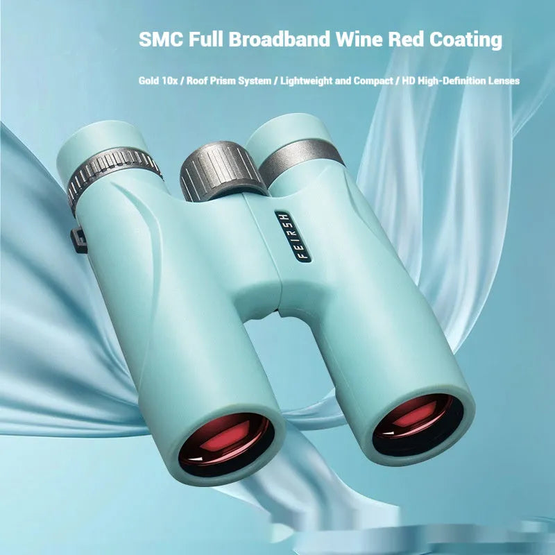 Blue and grey 10x32 compact binoculars with wine red film imaging on a table.