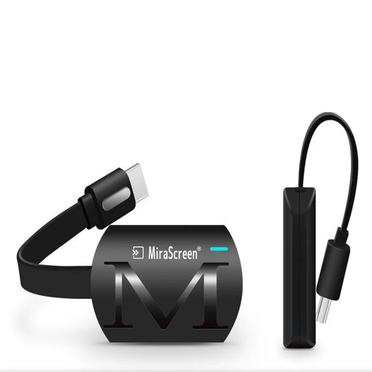 Black USB HDMI dongle for screen mirroring phones to TV, showing compact size and connectors.