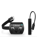 Black USB HDMI dongle for screen mirroring phones to TV, showing compact size and connectors.