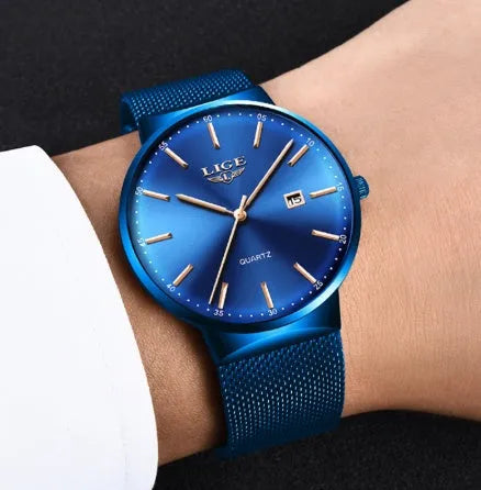 Stainless steel men's analogue wristwatch with 40mm dial in black, blue, or black-blue colour.