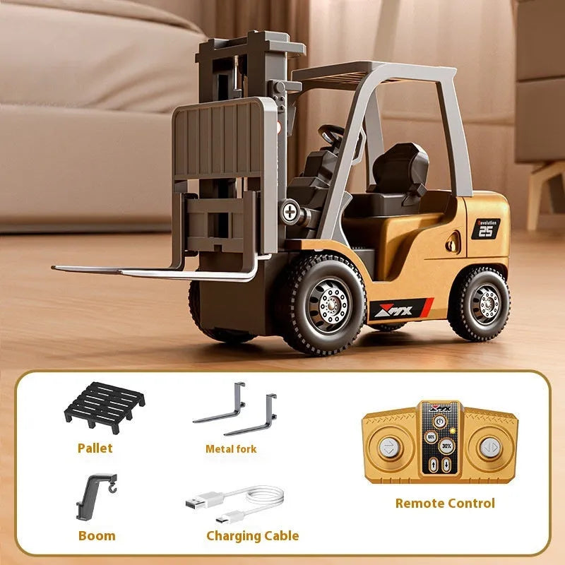 Mini alloy forklift remote control car toy with Bluetooth remote and cargo accessories on pallet