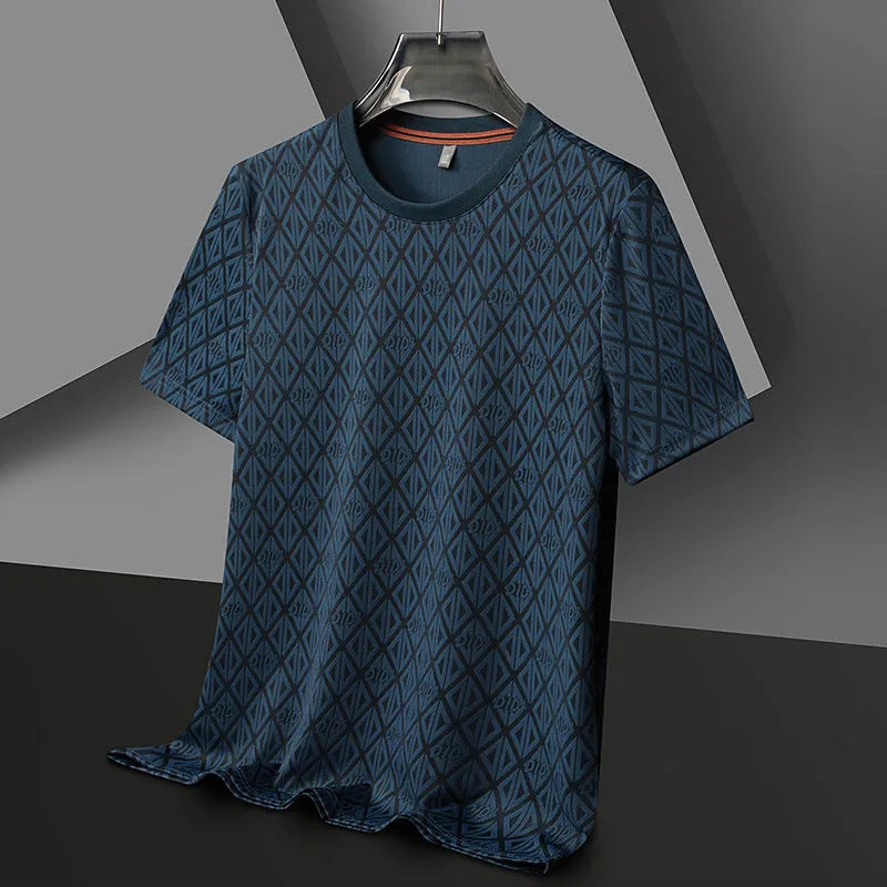Men's black jacquard pattern short sleeve t-shirt with round neck and loose fit
