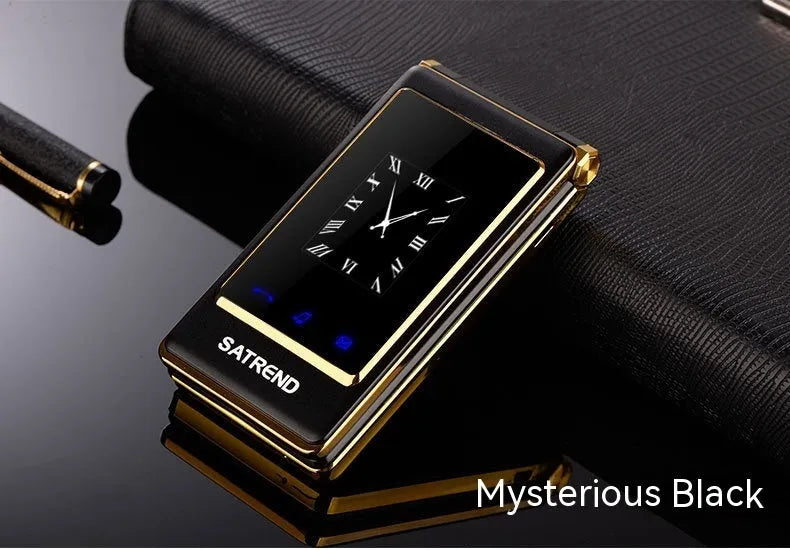 A15 black flip phone open showing large touch screen and external small display.