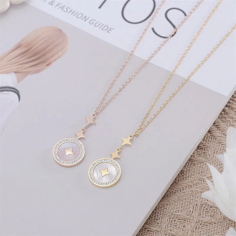 Titanium steel women's necklace with six-pointed star diamond pendant on adjustable chain
