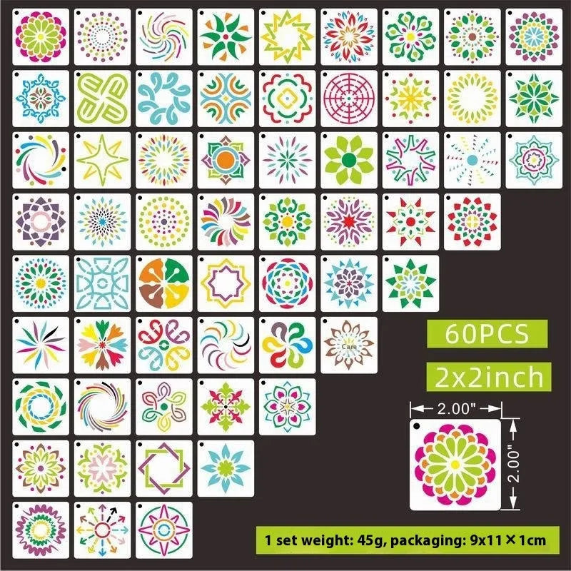 Milky white PET film craft stencils showing animal, floral, and mandala designs, each measuring 2 inches.